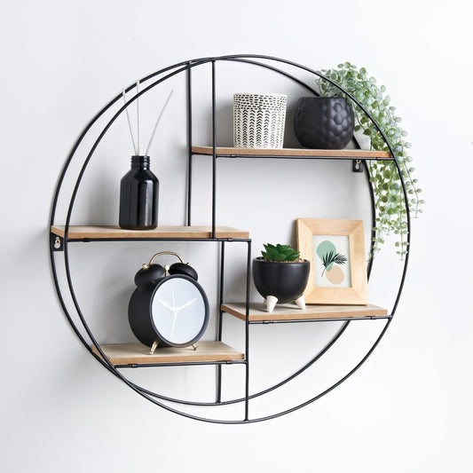 Étagère Murale Ronde Métal Noir & Bois 50cm