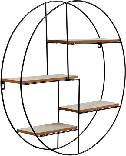 Étagère Murale Ronde Métal Noir & Bois 50cm
