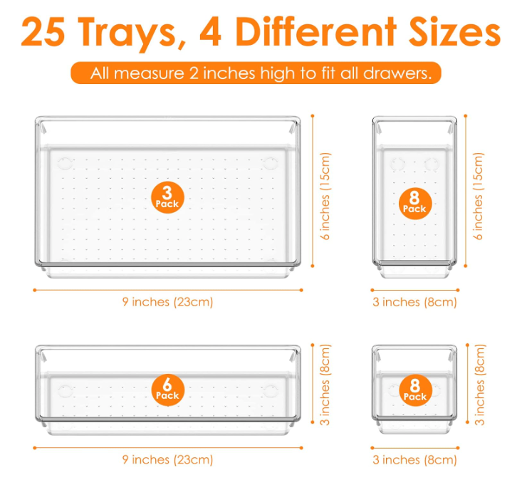Clear Drawer Organizer Set – 25 Pieces